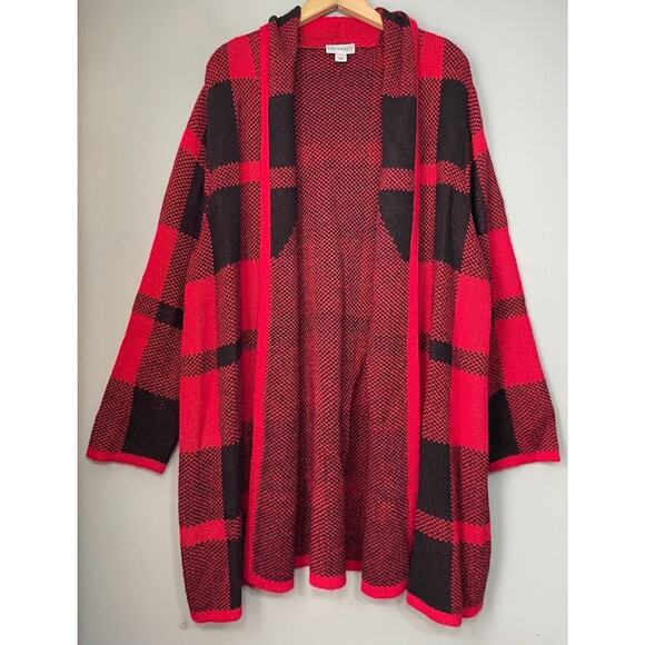 Catherines Plus Sz 1X Red Black Plaid Open Cardigan Sweater Christmas Cabincore - Picture 1 of 9